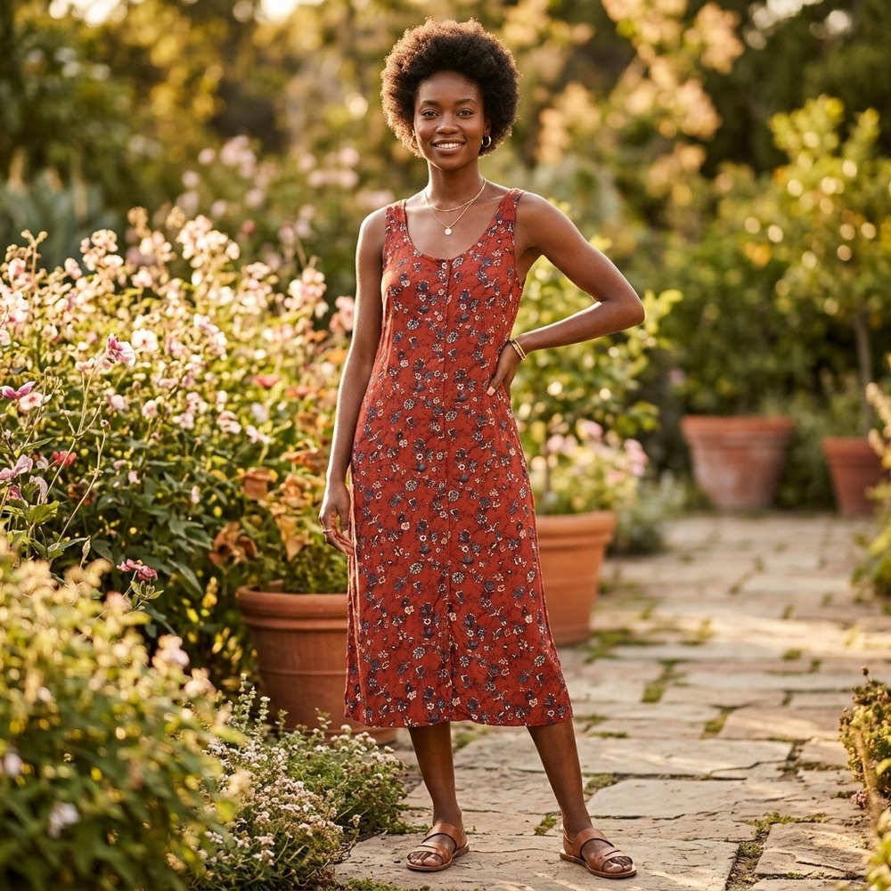 Putumayo Vintage Rust Red Floral Folk Print Rayon Button Front Midi Dress M